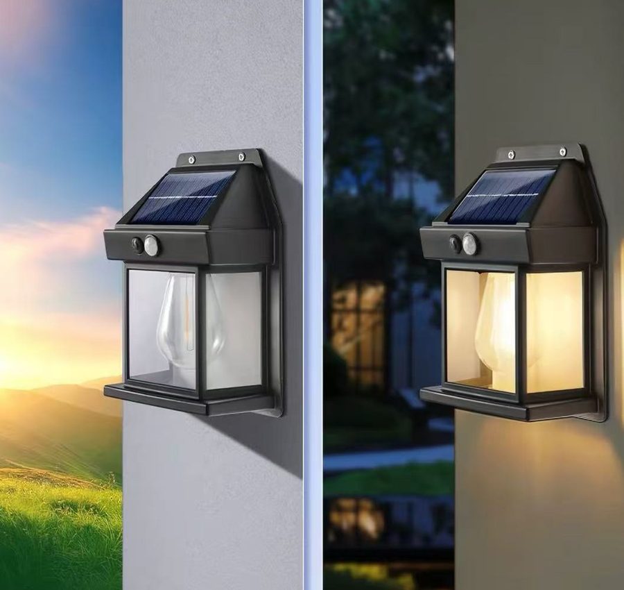 Wall lantern shown by day and lit at night