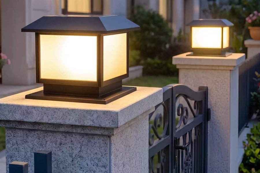 Solar pillar lights on villa gate posts at dusk