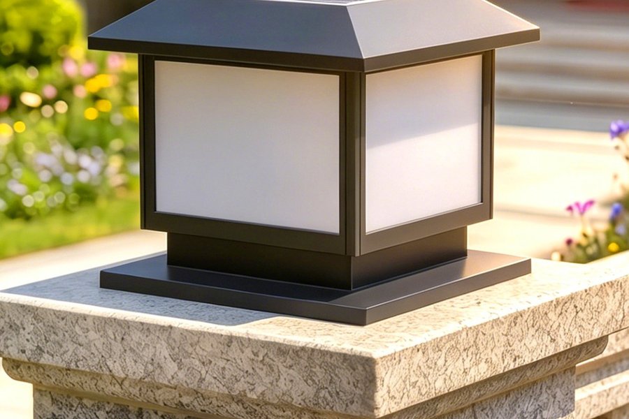 Solar pillar light on a garden wall