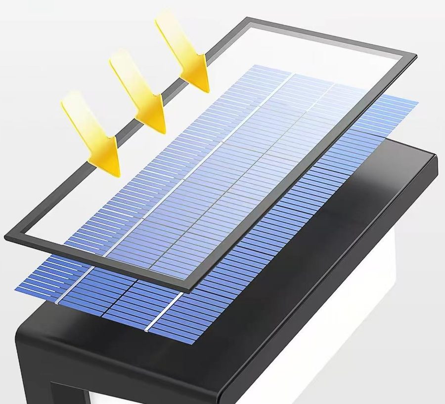 Sunlight falling on the solar panel of a wall light